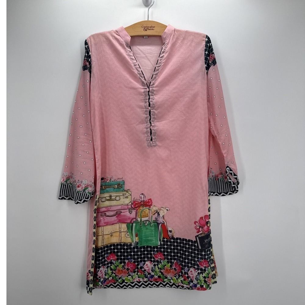 RAJ  Embroidered Floral Asian Shirt Top Kurta Size S Cotton